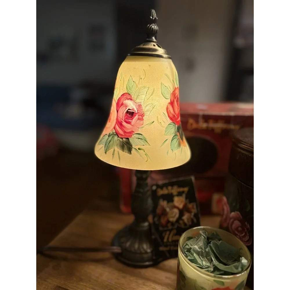 Dale Tiffany Hand Painted RoseBell Lamp Gift Set Candle Holder Wooden Jewelry Bo - Picture 4 of 16